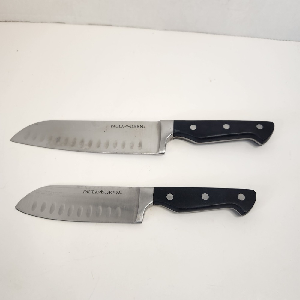 Paula Deen Chef Knife Set Of 2 Santoku 7" & 5" Blades Chopping Black Handles